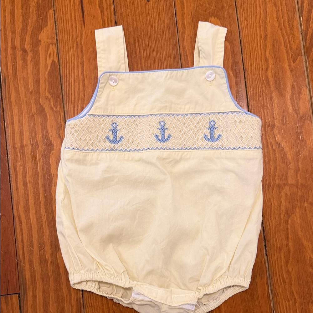 Yellow Smocked Anchor Baby Romper with Blue Trim